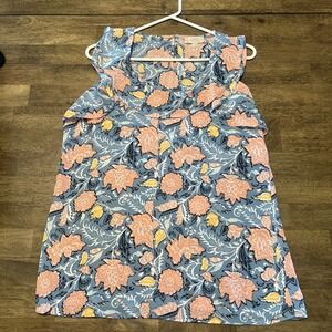 LOFT Women's SZ Sm Blue Pink Peach  Floral Sleeveless  Tunic Blouse Ruffle Neck